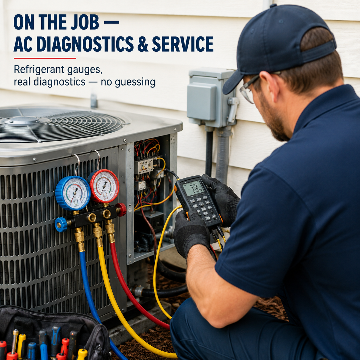 Air Duct Pros USA technician diagnosing AC unit with refrigerant gauges